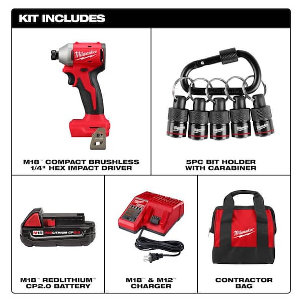 M18 18V Compact Brushless 1/4 in. Impact Driver Kit w/ 2. 0Ah Battery, Charger, Bag with 5-Pc Carabiner Hex Holder