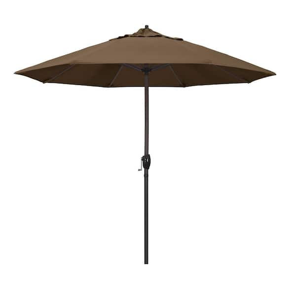 California Umbrella 9 ft. Bronze Aluminum Pole Market Aluminum Ribs Auto Tilt Crank Lift Patio Umbrella in Cocoa Sunbrella