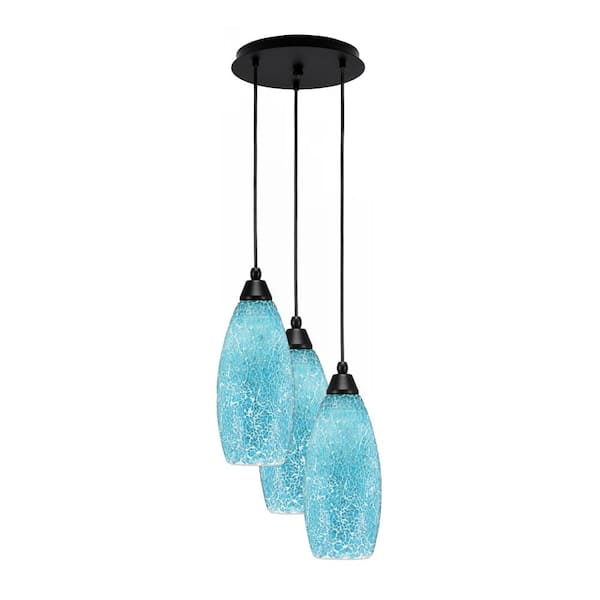 Unbranded Savannah 15 in. 3-Light Matte Black Cord Pendant Light Turquoise Fusion Glass Shade