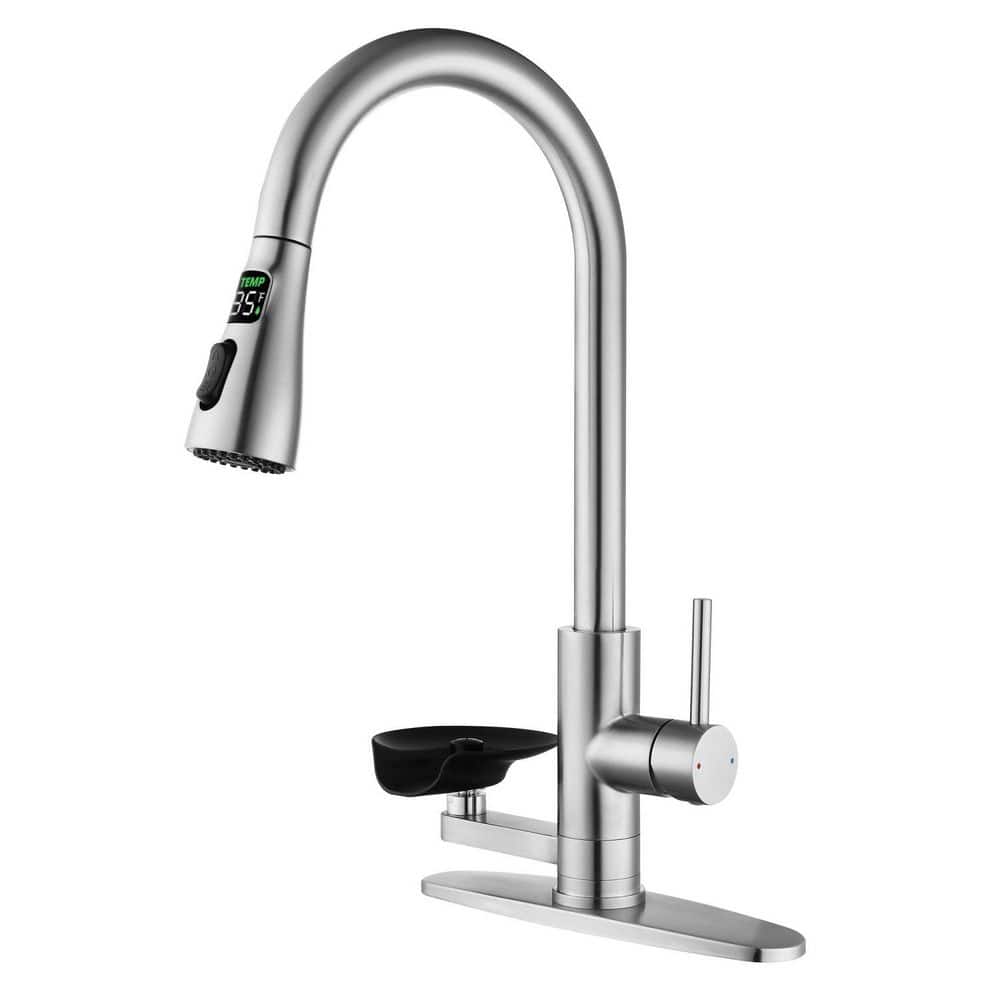 17.7 in. 3-in-1 Pull-Down Kitchen Faucet with Press-Type Glass Rinser & LED Temperature Display in Brushed Nickel price history on PriceWatchPro