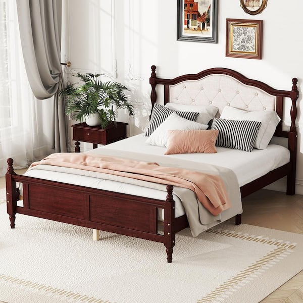 Classic Cherry Brown Wood Frame Queen Size Platform Bed with Upholstered Headboard and Panel Footboard