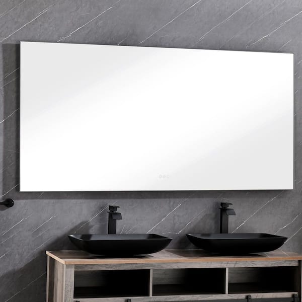 tunuo 72 in. W x 36 in. H Rectangular Aluminum Framed LED Anti-fog Wall Bathroom Vanity Mirror in Matte Black
