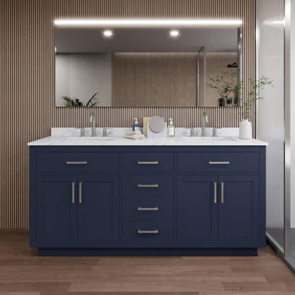 Wyndham Collection Beckett TK 72 in. W x 22 in. D x 35 in. H Double Bath Vanity in Dark Blue with Brushed Nickel Trim Giotto Quartz Top