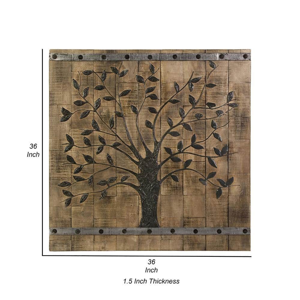 36" Brown and Black Mango Wood Tree of Life Wall Panel
