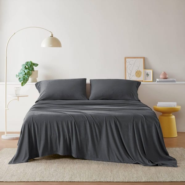 Cotton Blend Jersey Knit 4-Piece Dark Grey Cotton Blend King All Season Sheet Set
