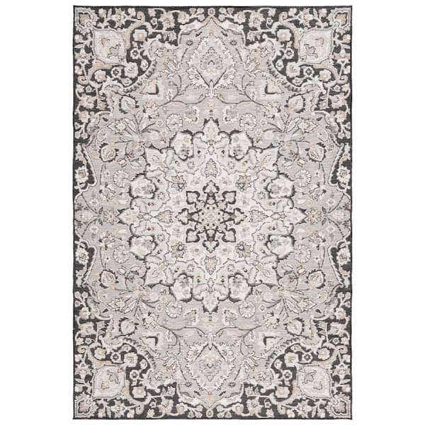 SAFAVIEH Sunrise Gray/Beige Black 5 ft. x 8 ft. Floral Medallion Reversible Indoor/Outdoor Area Rug