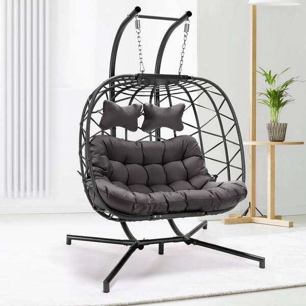 NICESOUL Extra Large Gray Wicker Double Seat Patio Swing Hanging Egg Chair with Black Stand and Turquoise Cushions