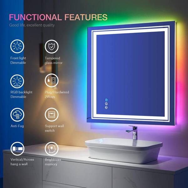 MYCASS RGB 36 in. W x 36 in. H Square Frameless LED Mirror Memory with Backlit Light, Anti-Fog Wall Bathroom Vanity Mirror