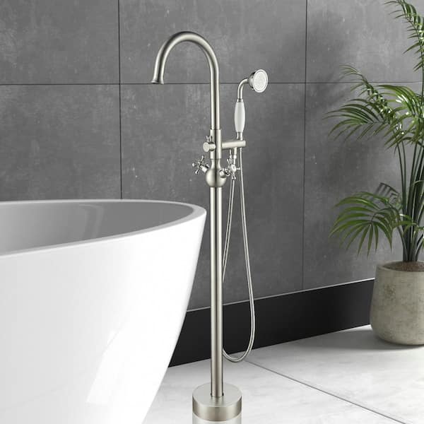 2-Handle Freestanding Tub Faucet with Hand Shower Head in Brushed Nickel