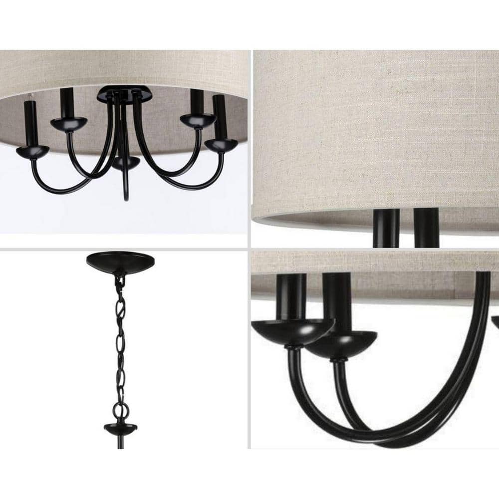 Matte Black Drum Shade 5-Light Linen Chandelier