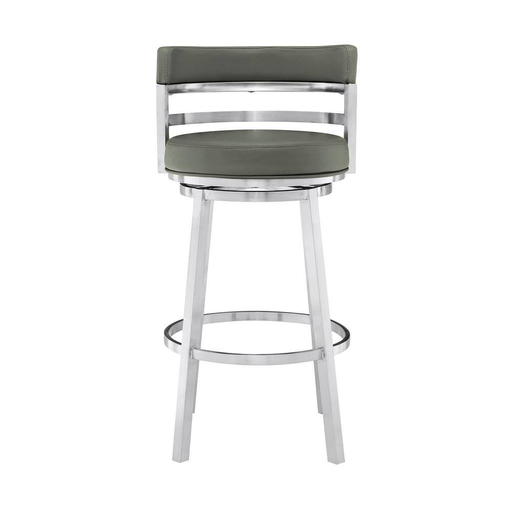 Sleek Swivel 30" Bar Height Grey Faux Leather & Brushed Stainless Steel Stool