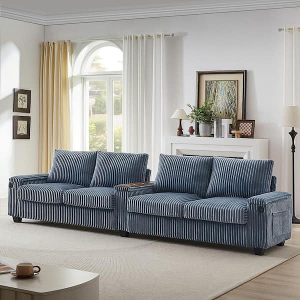 Luxury Collection 133 in. Square Arm Corduroy Modern Rectangle 4-Seater Sofa in Blue with Storage and USB Ports