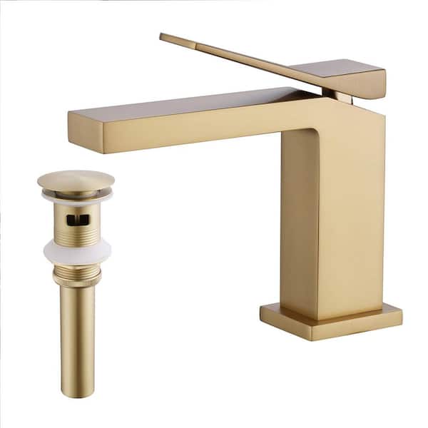 FLG Single Handle Single Hole Bathroom Faucet with Pop-up Drain and Deckplate Modern Brass Sink Basin Taps in Brushed Gold