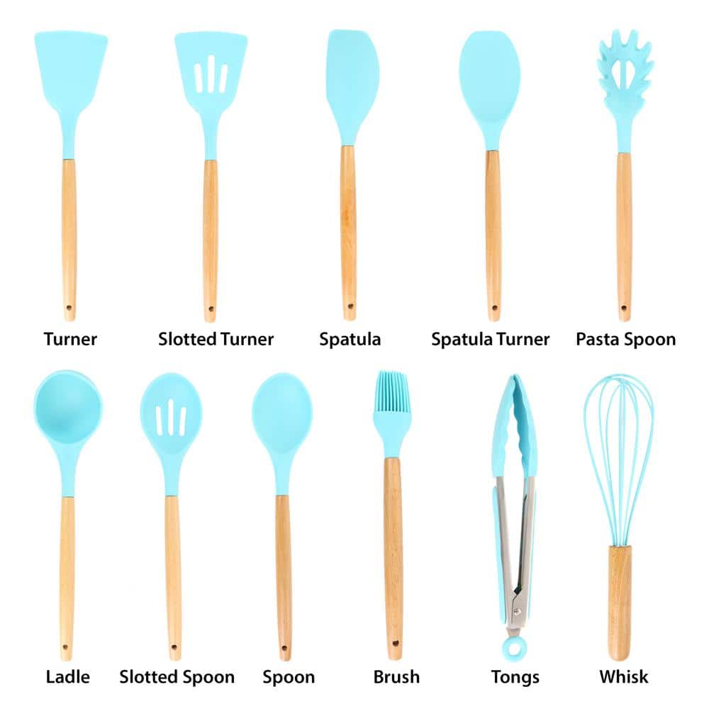 MegaChef Light Teal Silicone and Wood 12-Piece Cooking Utensil Set