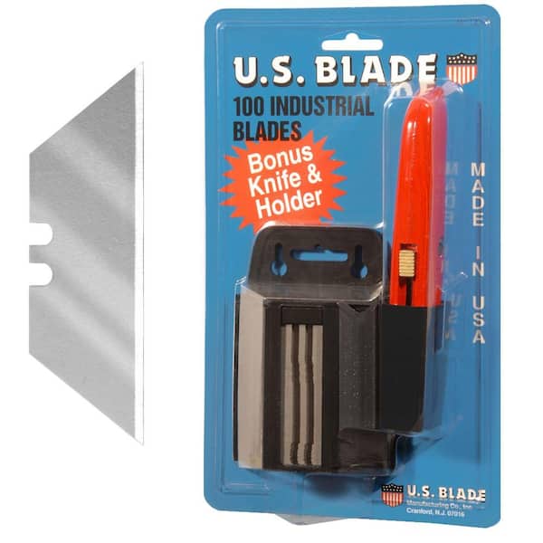 U.S. BLADE Plastic Dispenser Heavy Duty Utility Blade with Retractable Knife Plus Knife Holder Carded (100-Pack)