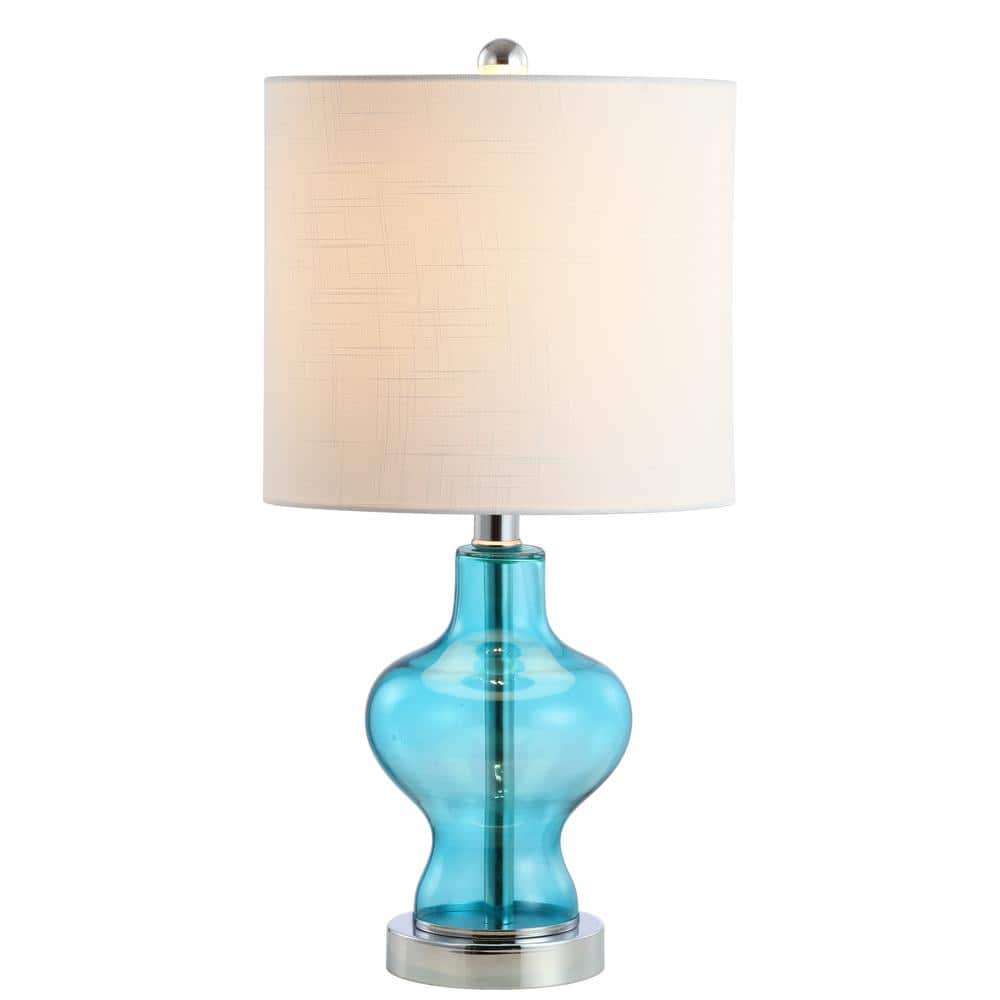 Aqua Glass and Metal LED Table Lamp with White Drum Shade