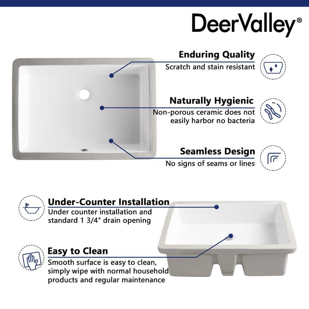 DeerValley 22" White Ceramic Rectangular Undermount Bathroom Sink