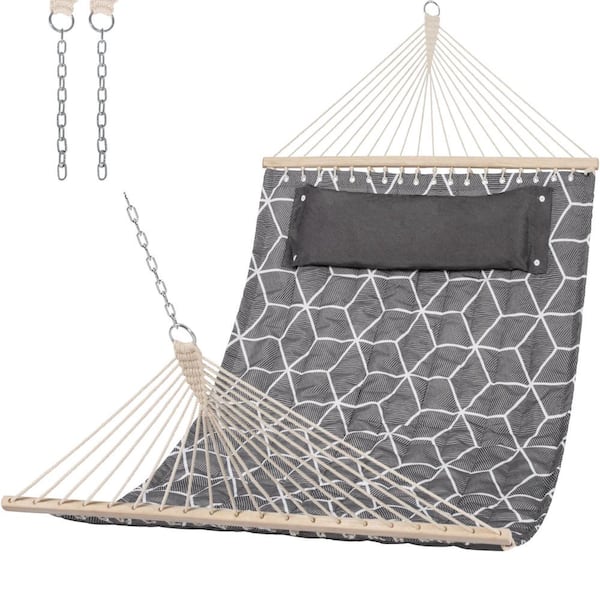 Atesun 78.7 in. x 55 in. Hammock Quilted Fabric Swing Large Hammock Bed with Spreader Bars, Detachable Pillow in Gray Cube