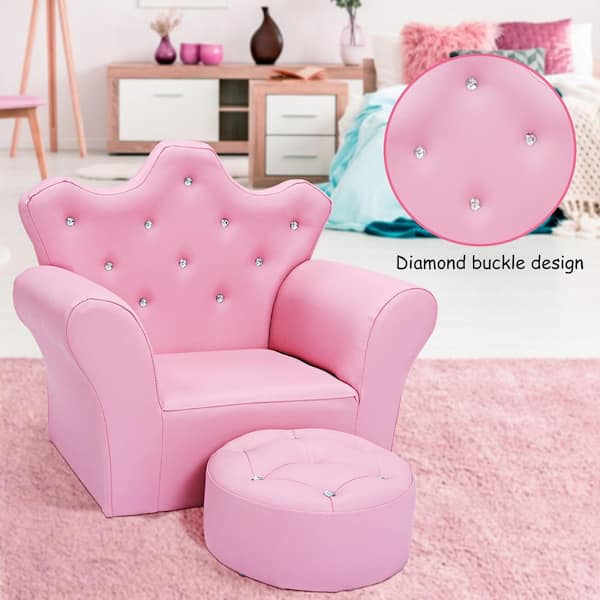 Pink Faux Leather Upholstery Princess Kids Arm Chair Kids Sofa with Ottoman