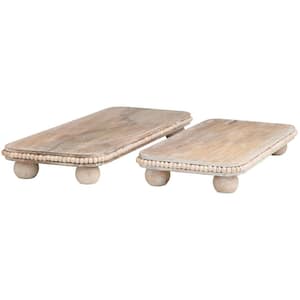 Light Brown Mango Wood Beaded Decorative Tray with Large Ball Feet (Set of 2)