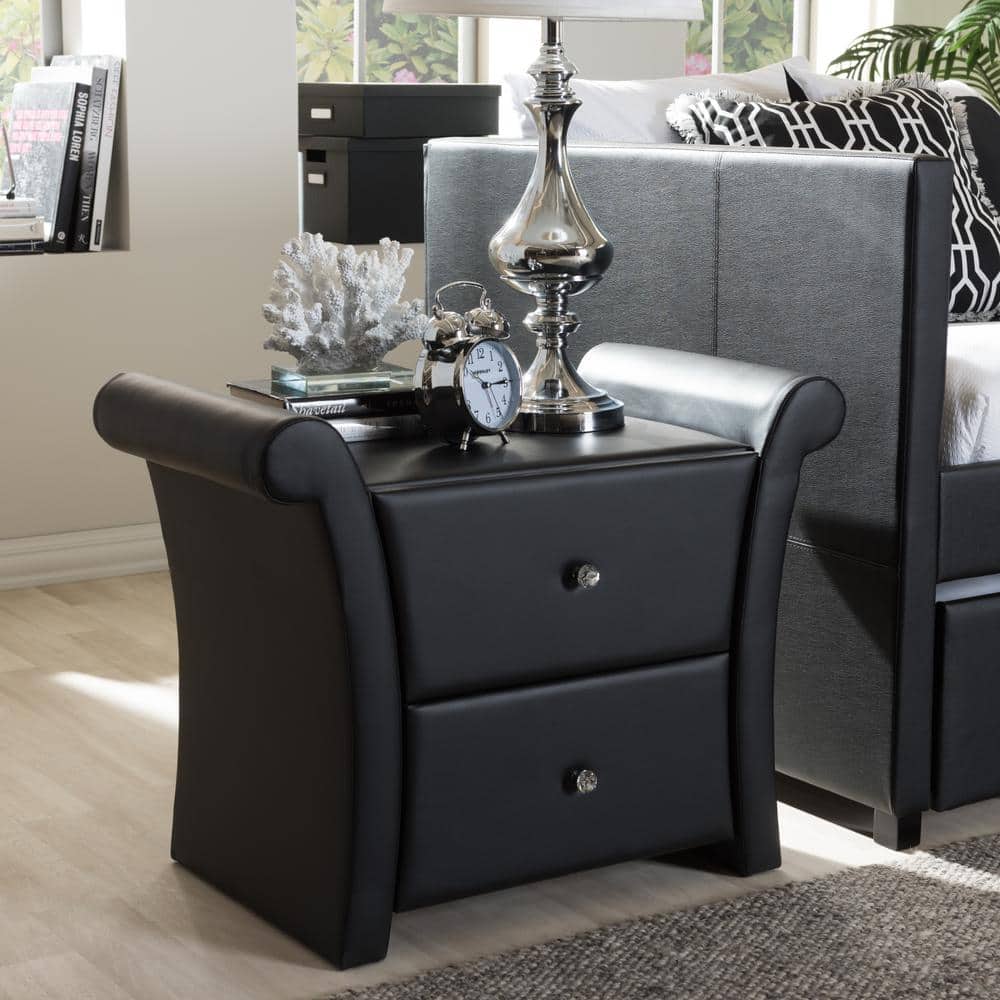 Victoria Black Faux Leather 2-Drawer Nightstand