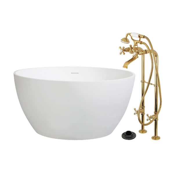 Arcticstone 45.6 in. x 45.6 in. Surface White Stone Flatbottom Soaking Freestanding Bathtub in White/Polished Brass