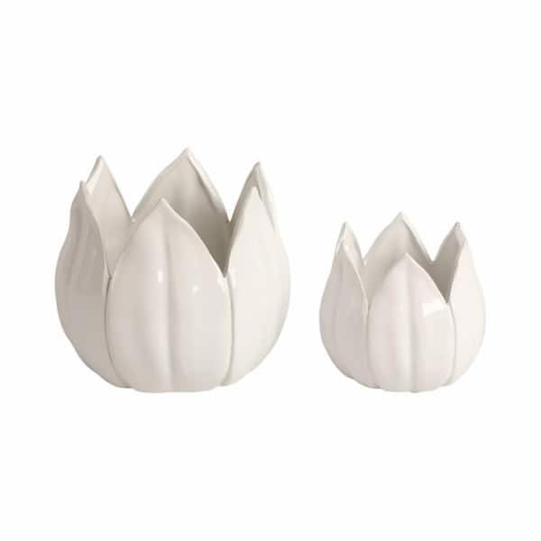 8 in. x 8 in. White Ceramic Tulip Petal Decorative Pots (Set of 2)