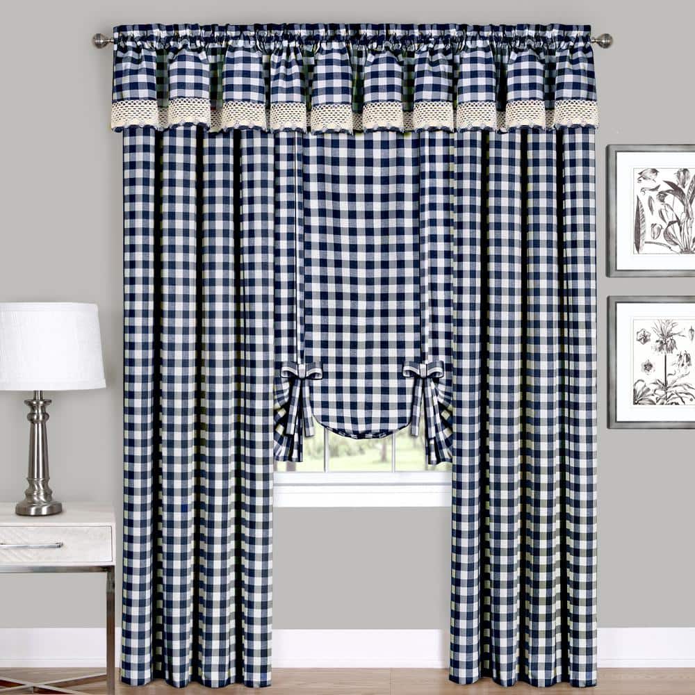 Navy Buffalo Check Light Filtering Tie-Up Curtain