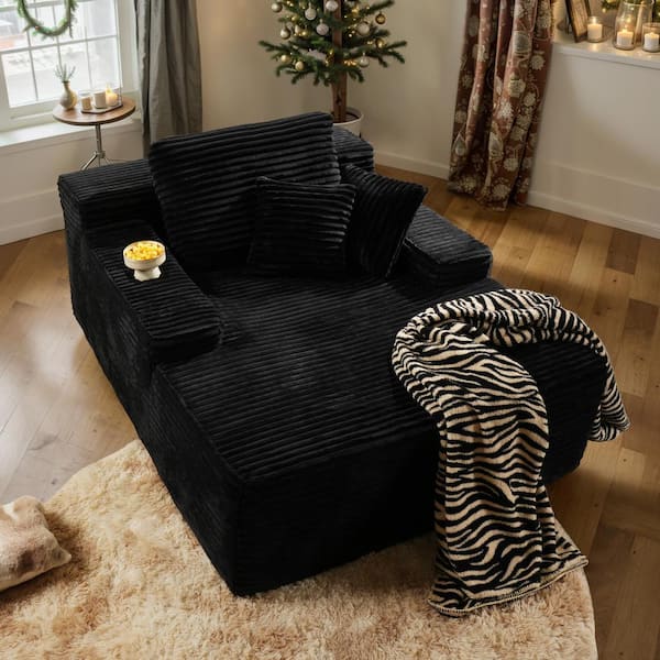 Allwex JOJO 67 in. Wide Square Arm Plush Corduroy Modern Rectangle Lazy Sofa Chaise with Pillows in Black for Living Room