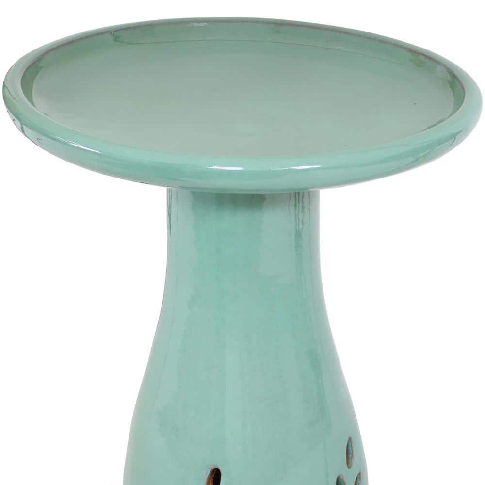 Seafoam Glazed Ceramic Hand-Painted Outdoor Bird Bath Stand