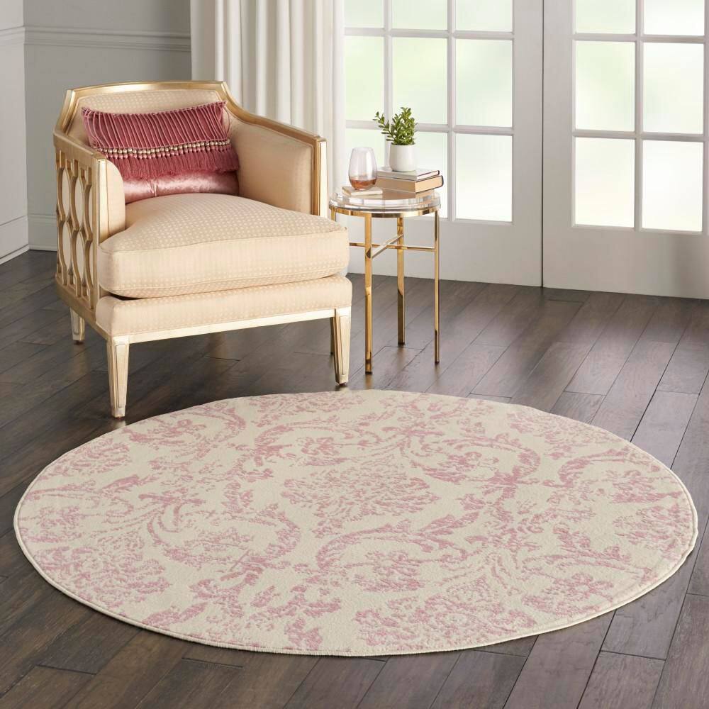 Jubilant Ivory and Pink Round Synthetic Area Rug, 5'3"