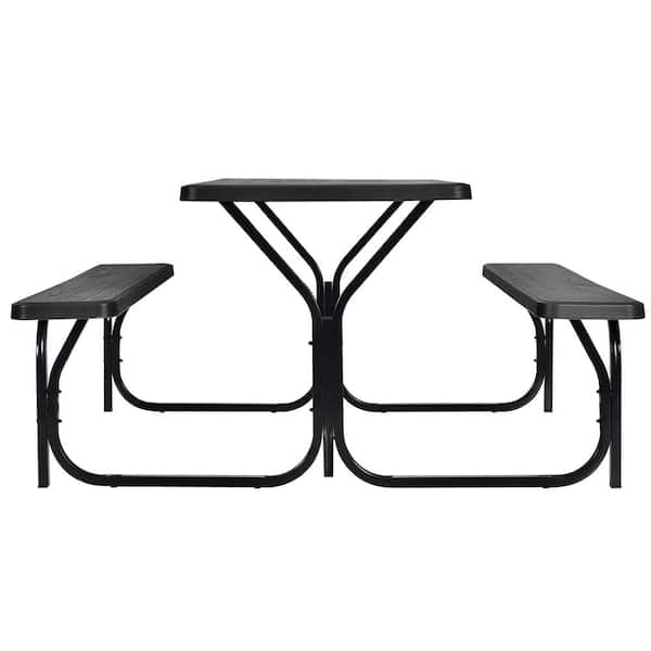 Gymax 59 in. Black Rectangle Stainless Iron Picnic Table Seats 4-People Camping Picnic Bench Set