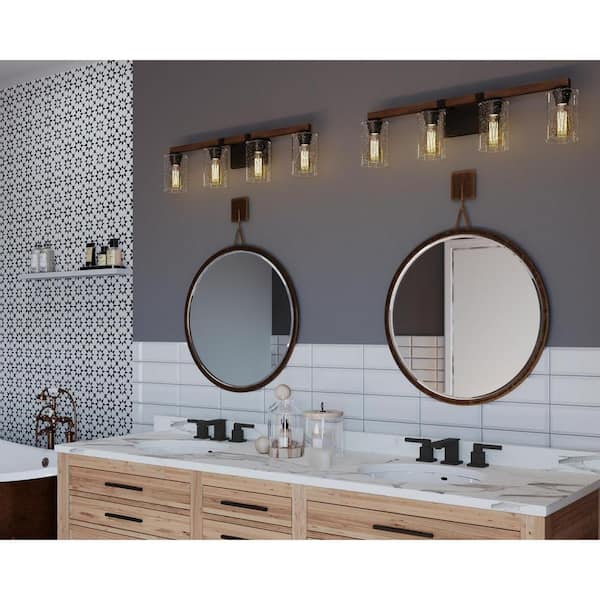Barnes Mill Collection 32-1/4 in. 4-Light Antique Bronze Clear Seeded Glass Farmhouse Bathroom Vanity Light
