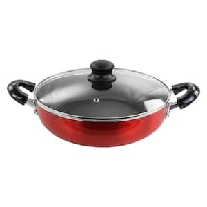 10 in. Aluminum Deep Frying Pan with Glass Lid in Red