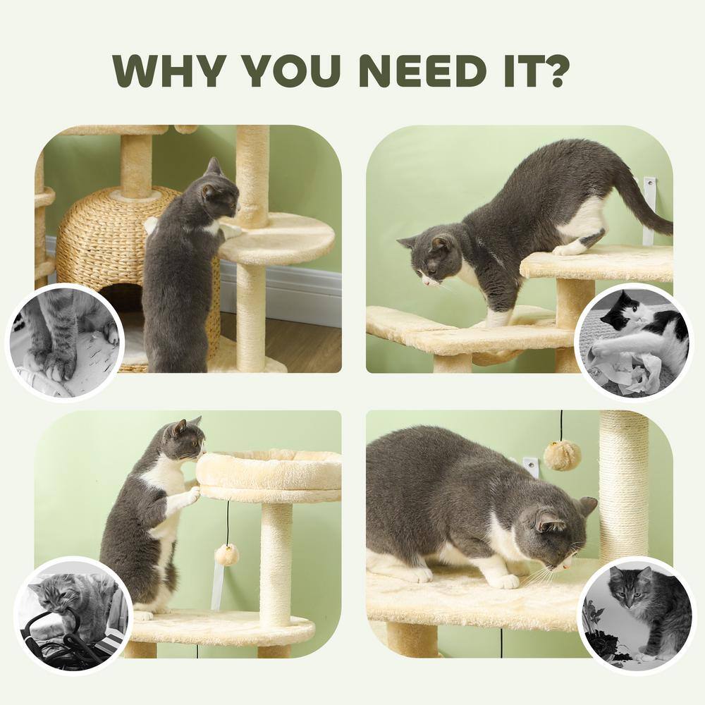 Beige Plush and Wicker 44" Cat Tree Tower with Hammock