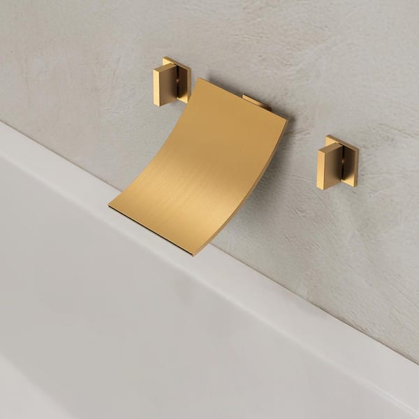 EVERSTEIN 2-Handle Wall Mounted Waterfall Roman Tub Faucet, with High Flow and Rough-In Valve in Brushed Gold