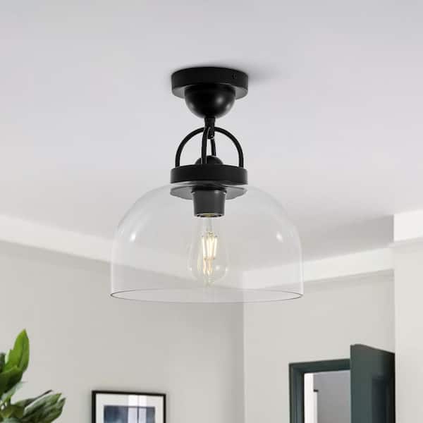 HUOKU Bell 1-Light 11.4 in. W Matte Black Semi-Flush Mount Transitional Ceiling Light with Bell Clear Glass for Hallway