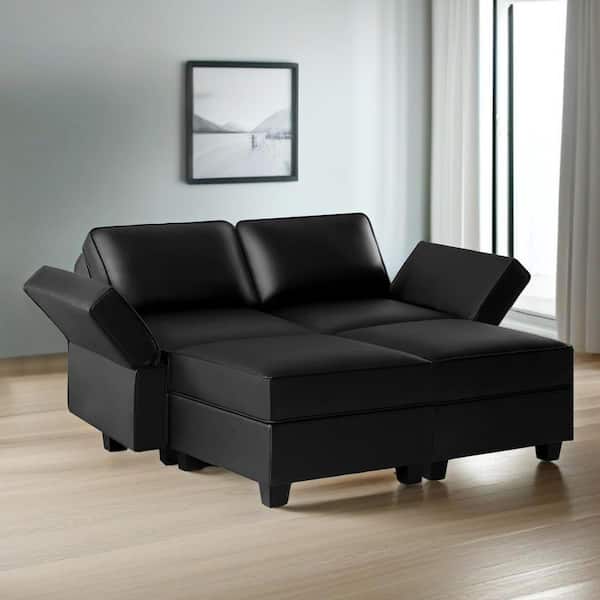 61.02 in. W Black Faux Leather 1 Piece Loveseat with Storage and Double Ottoman 2-Seater Love seats for Small Spaces