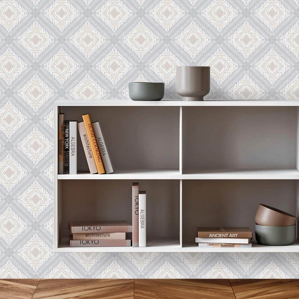 Grey and Beige Tribal Squares Peel and Stick Wallpaper Roll