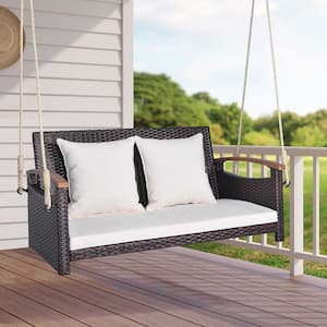 Patio Rattan 2-Person Wicker Porch Swing Hanging Chair Cushioned Loveseat for Backyard