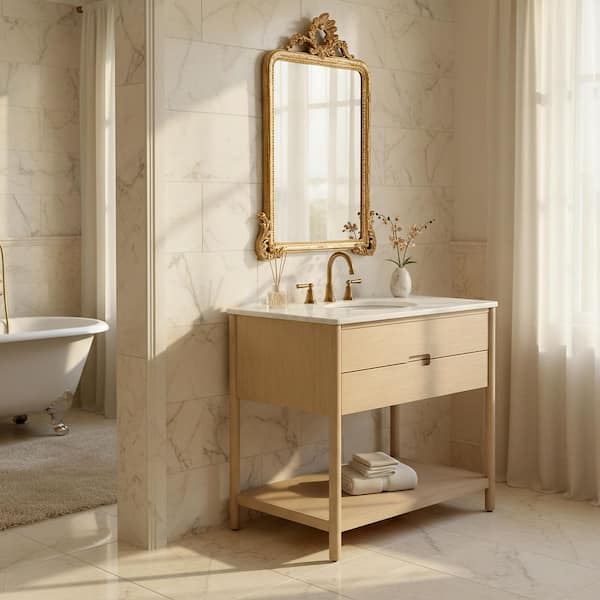 Petrabecca 36 in. Single Sink Light Oak Bath Vanity with White Marble Top