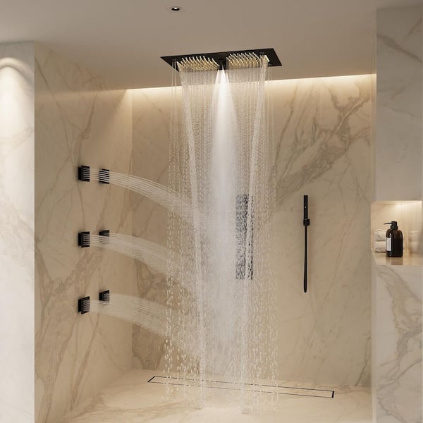 LED Mood Lighting 6-Spray Rectangular 28 in. x 16 in. Ceiling Mount Wall Bar Shower Kit 2.5 GPM in Matte Black