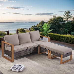 3-Piece Brown Wicker Outdoor Couch Patio Conversation Set with Olefin Gray Cushions and Ottomans