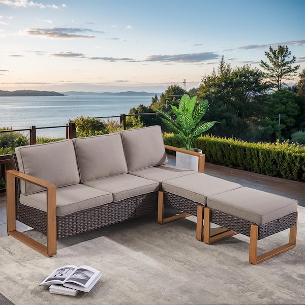 3-Piece Brown Wicker Outdoor Couch Patio Conversation Set with Olefin Gray Cushions and Ottomans