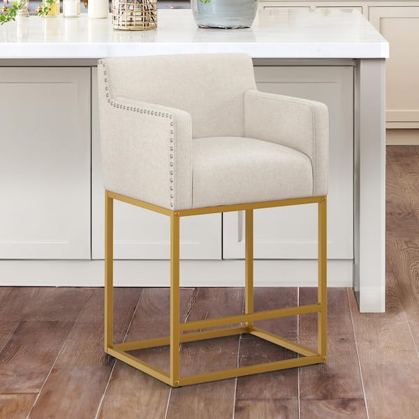 LUE BONA Luna 26 in. Linen Fabric Upholstered Counter Height Bar Stool with Golden Metal Frame Square Counter Stool