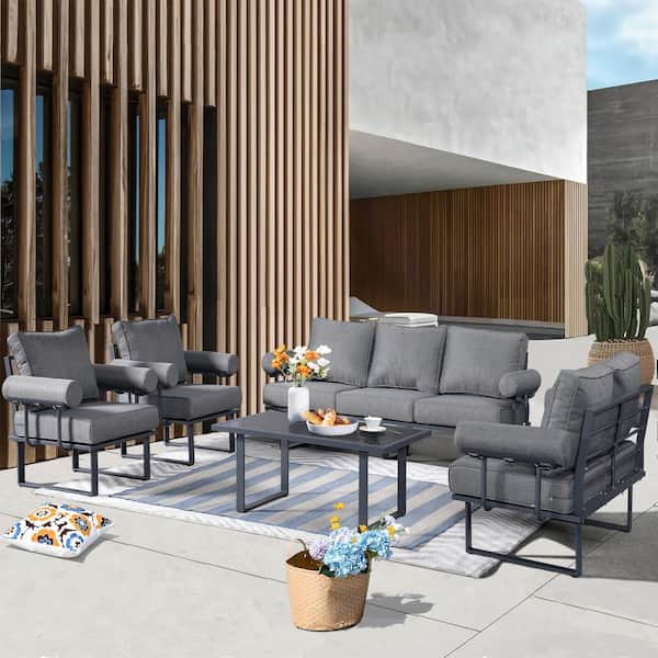 HOOOWOOO Teton Grand Gray 5-Piece Aluminum Outdoor Patio Conversation Set with Solid Gray Cushions