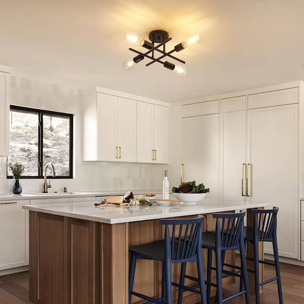 16 In. Black Farmhouse Semi-Flush Mount Ceiling Light Fixtures Modern Sputnik Chandelier for Kitchen Bedroom Dining Room