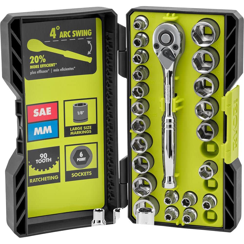 RYOBI 26-Piece 1/4 in. Drive Standard (SAE) and Metric Mechanics Ratchet Set and Socket Set