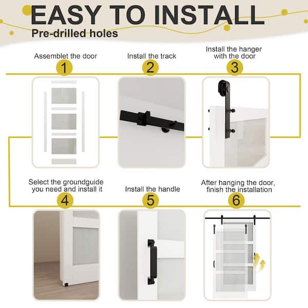 72 in. x 84 in. 3-Lite Frosted Glass White MDF Finished Double Sliding Barn Door Slab with Hardware and Soft Close
