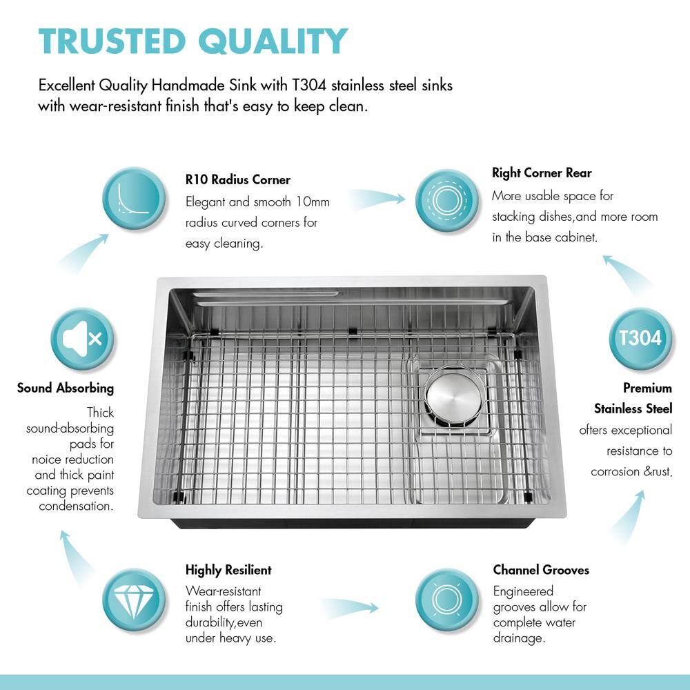 30'' Brushed Stainless Steel Undermount Single Bowl Kitchen Sink